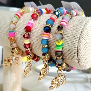 2 x14  Multi Beaded Elephant Charm Bracelet | Rhinestone | Stretch | Boho Chic